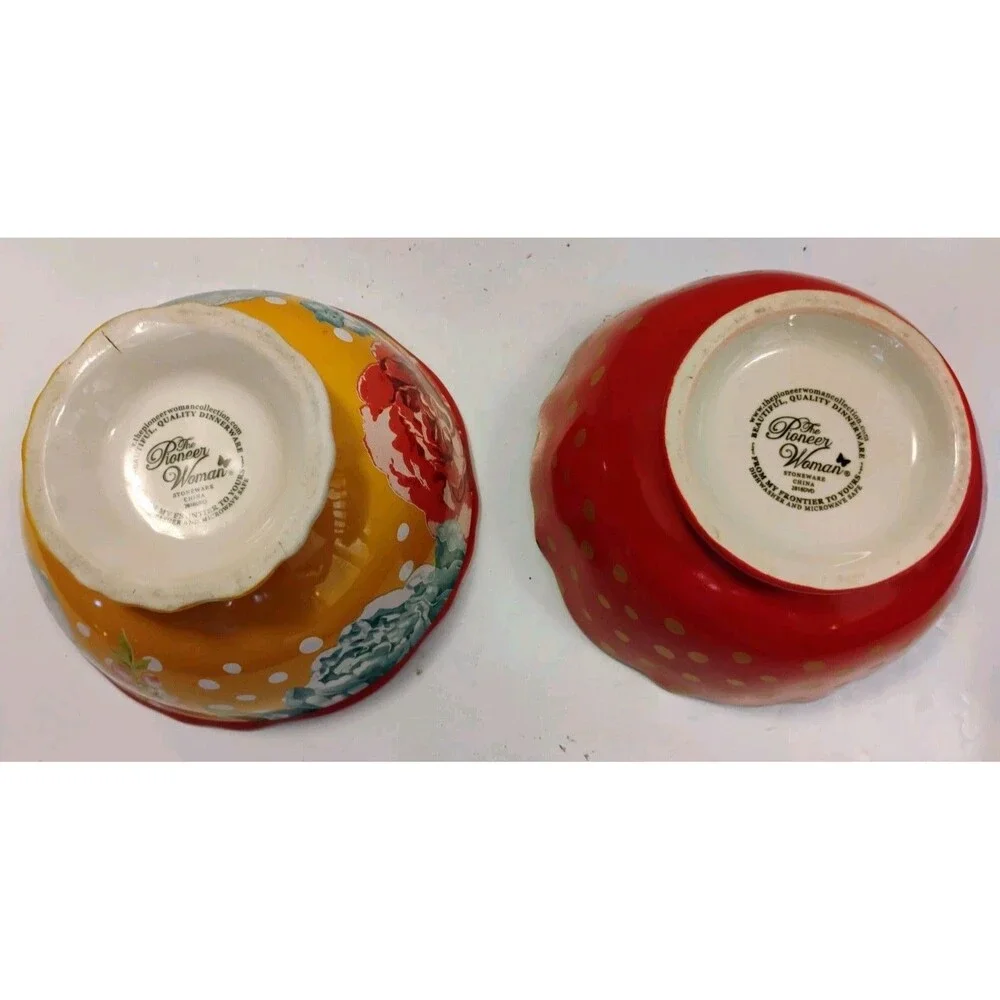 Pioneer Woman Blossom Jubilee Footed Soup Cereal Bowls Set of 2 Red Yellow AS IS